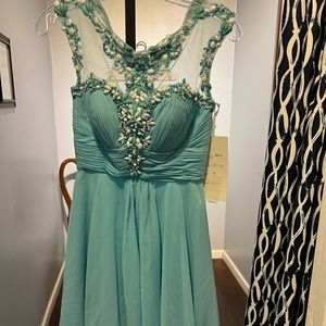 New! Short formal Lt Blue chiffon dress with matte beaded bodice. Size 4 and 10